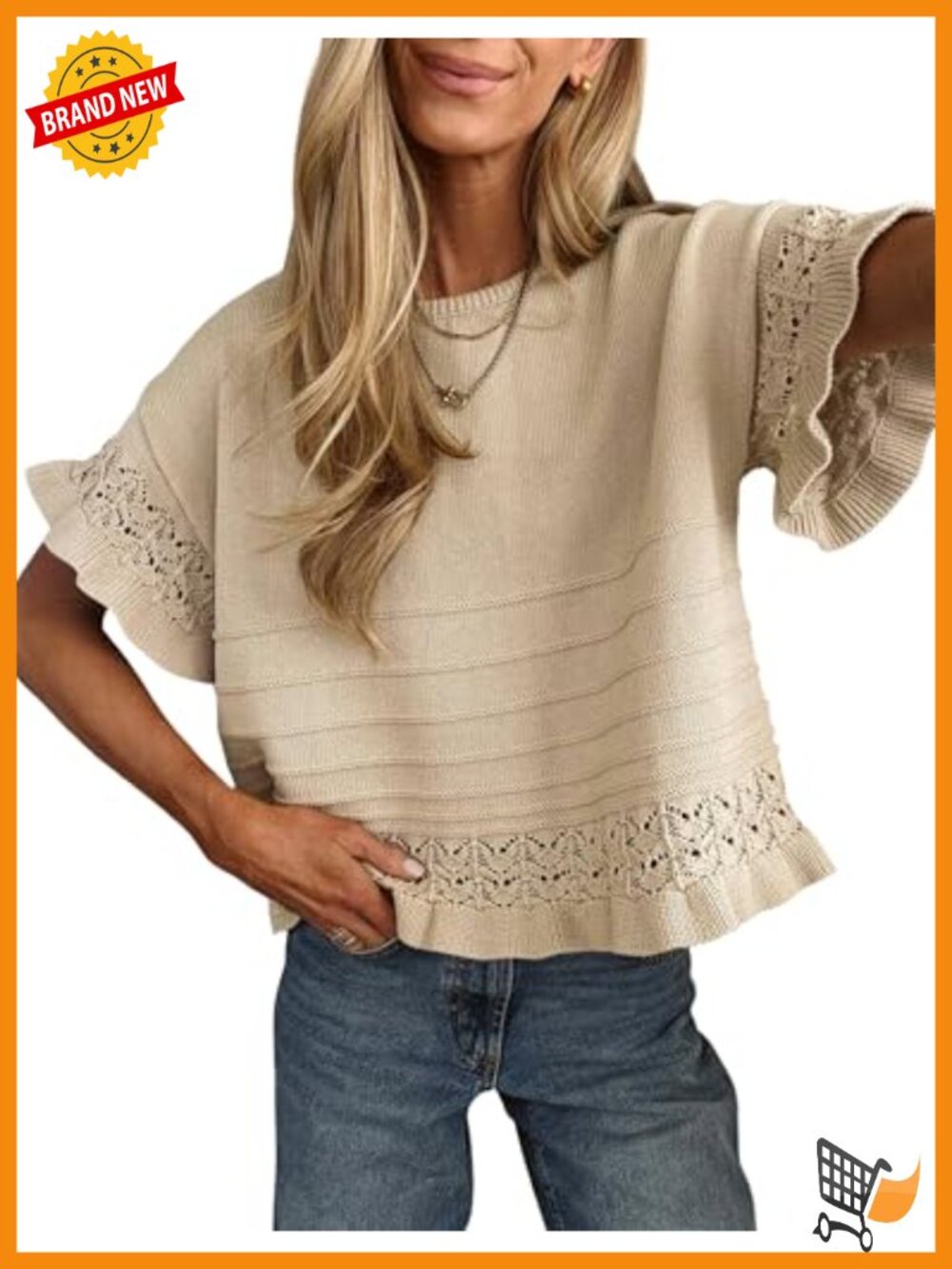 Womens Short Sleeve Crochet Knit Pullover Sweater Ruffled Hem Top